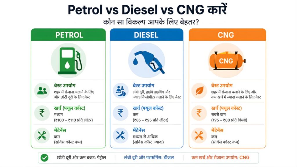 petrol vs diesel vs cng comparison india first time buyer