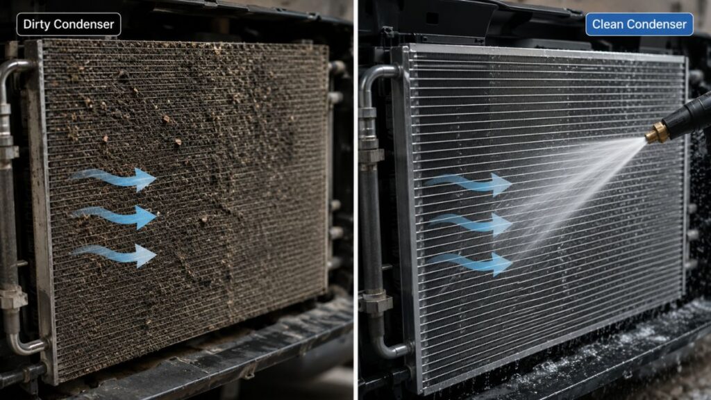 dirty और clean car AC condenser comparison
