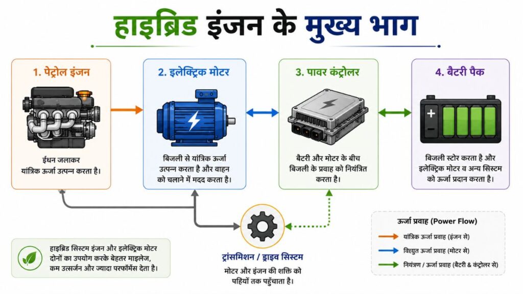hybrid engine ke pramukh bhag – battery motor aur petrol engine