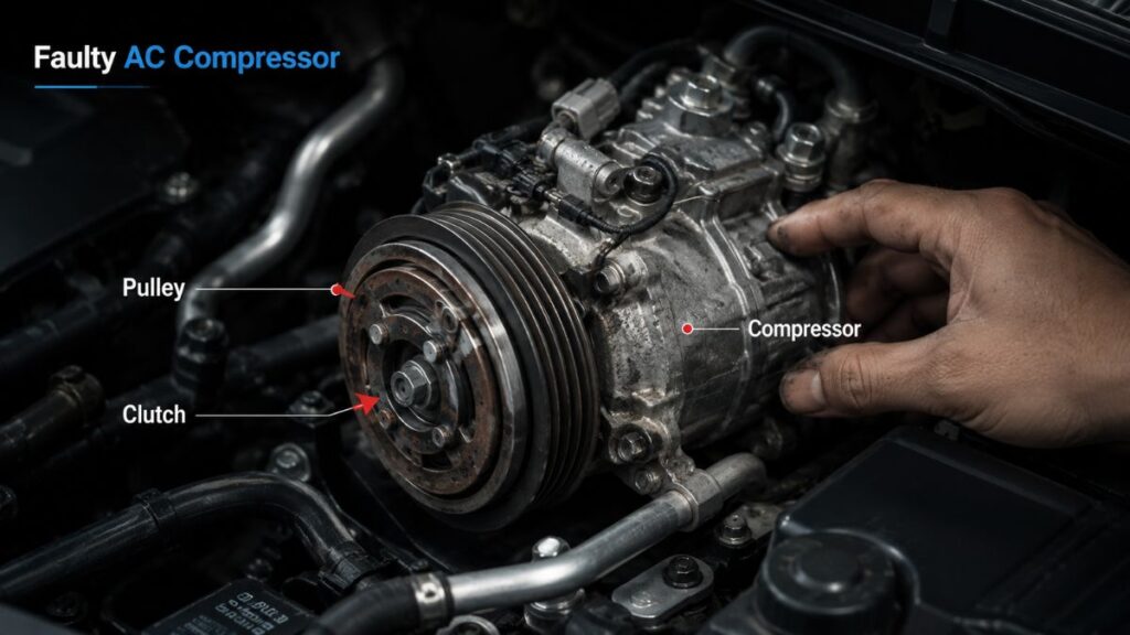 खराब car AC compressor clutch की close-up image