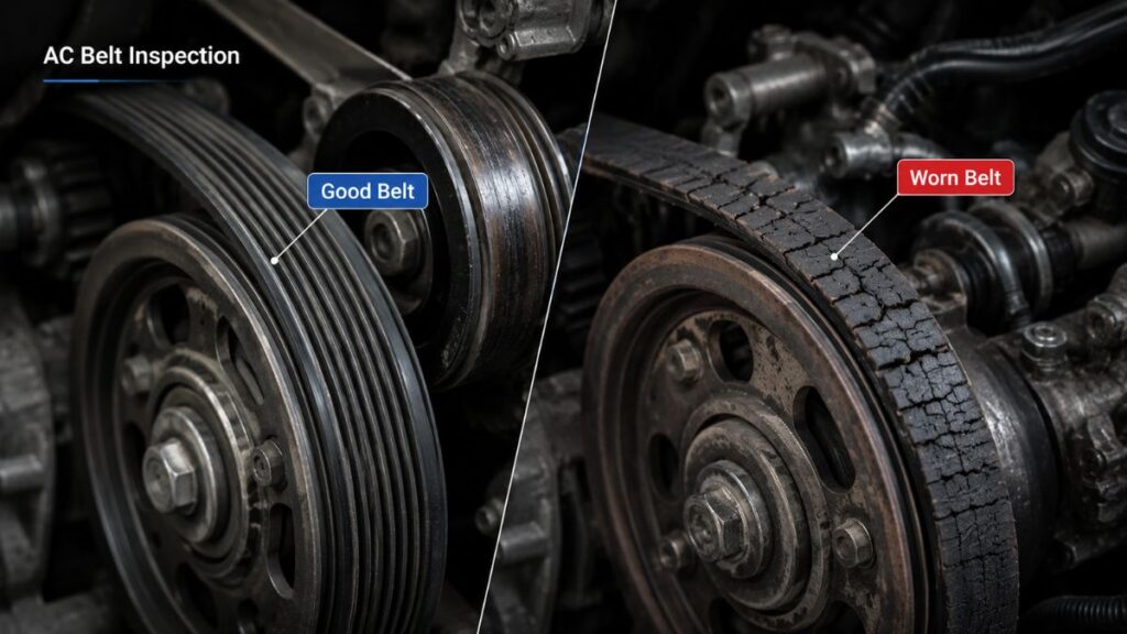 टूटी और घिसी हुई car AC belt की inspection image
