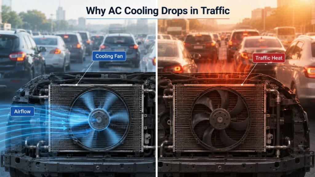ट्रैफिक में खराब cooling fan की वजह से AC cooling कम होना