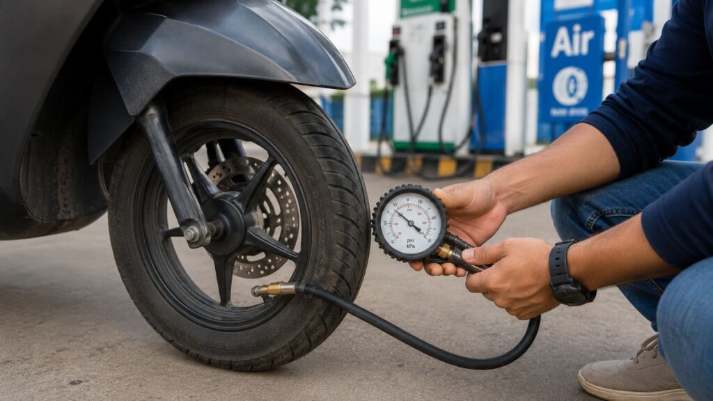 स्कूटी का टायर प्रेशर चेक करते हुए – mileage बढ़ाने का तरीका